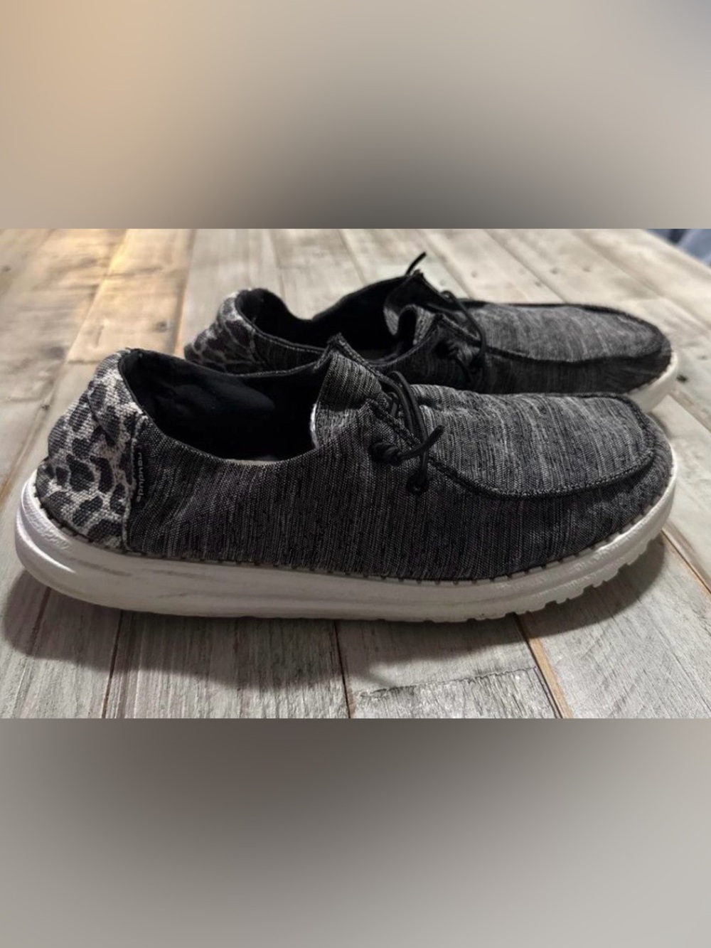 Hey Dude Wendy Leopard Line Black Gray Slip On Comfort Loafers Shoes-Womens 7